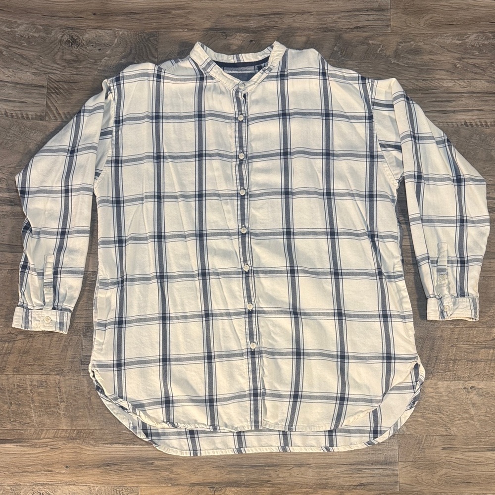 L.L. Bean Women's Cream and Blue Plaid Button-Down Shirt - Size L
